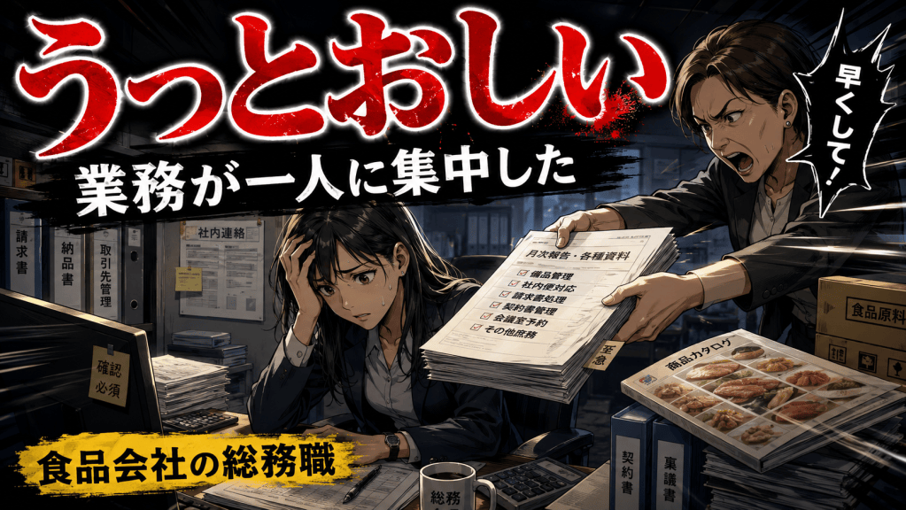 食品会社の総務職員が、大量の書類業務を抱え、業務が一人に偏る職場で疲弊している様子。