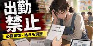 放課後等デイサービスの職員が、精神的な不調で医師から出勤禁止の指示を受け、退職代行を検討している様子を描いたアイキャッチ画像