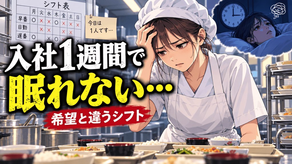介護施設の厨房で希望と異なるシフトや少人数体制に不安を感じ、入社約1週間で眠れなくなり退職代行を利用した勤務者の事例を表現したアイキャッチ画像